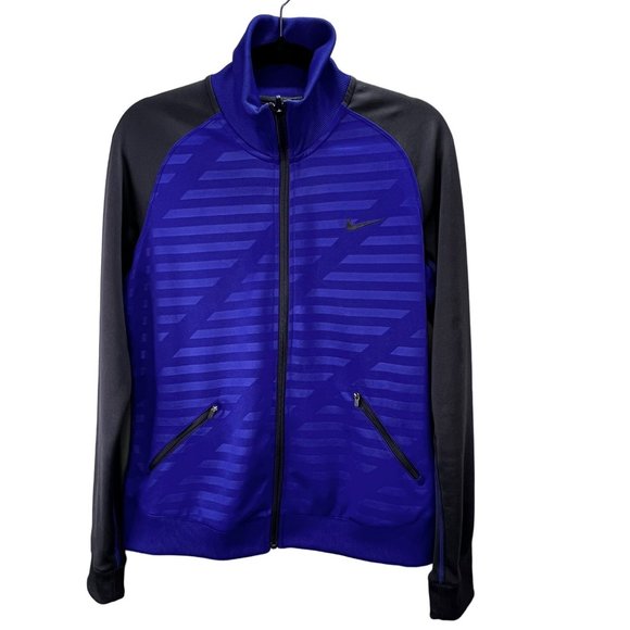 Nike Dri Fit Track Jacket size L Women Blue Gray Mock Neck Tonal Stripe Pockets - Picture 1 of 9